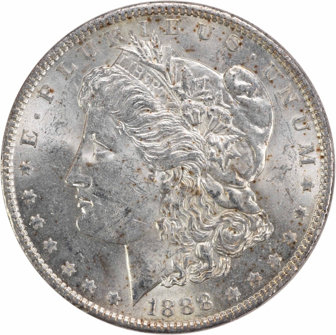 Uncirculated 1888 Morgan Silver Dollar BU Grade Philadelphia Mint: Uncirculated 1888 Morgan Silver Dollar BU Grade Philadelphia Mint This 1888 Morgan Silver Dollar is a Brilliant Uncirculated (BU) coin from the United States, featuring no mint mark. Crafted from silv