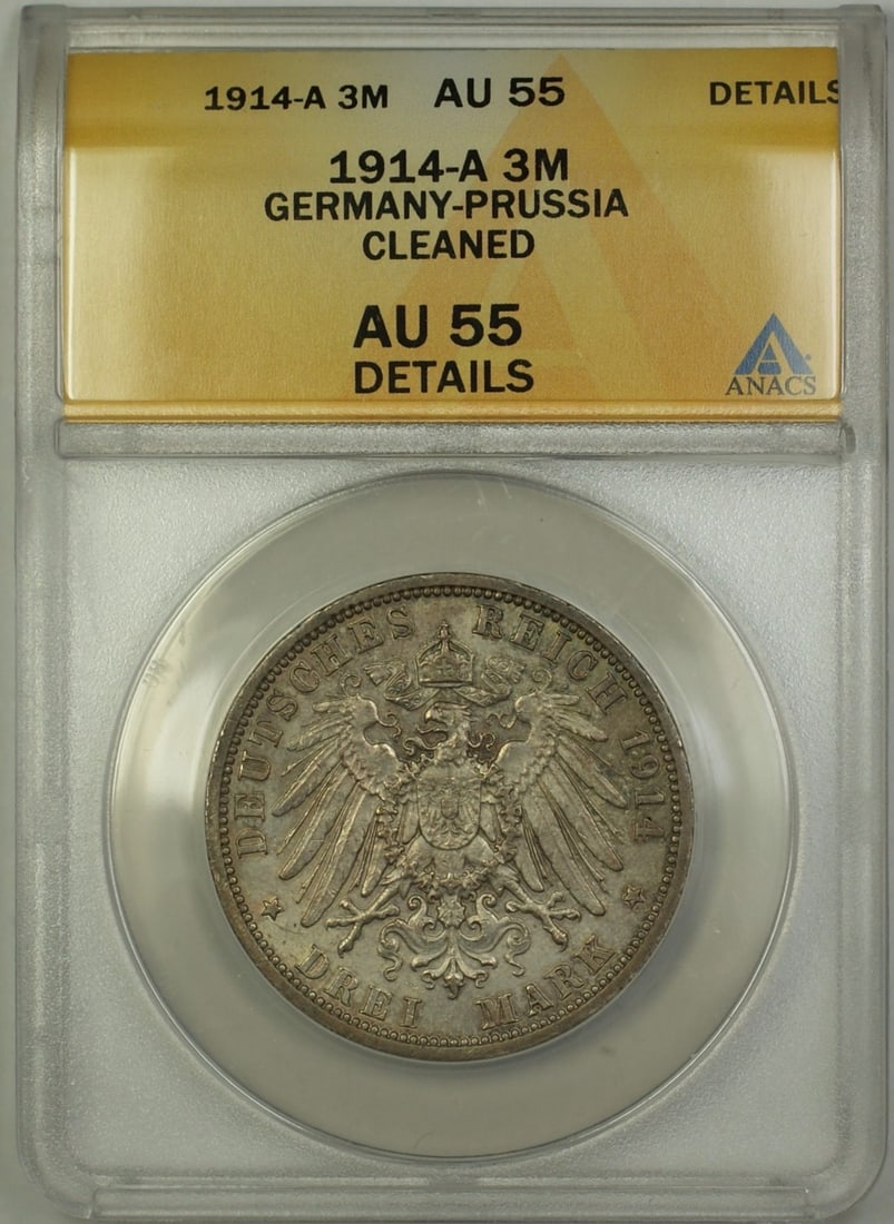1914 Germany-Prussia 3 Mark Silver Coin ANACS AU 55 Details Cleaned: 1914 Germany-Prussia 3 Mark Silver Coin ANACS AU 55 Details Cleaned This 1914-A Germany-Prussia 3 Mark silver coin is certified by ANACS with an AU-55 Details grade and noted as cleaned. It originates