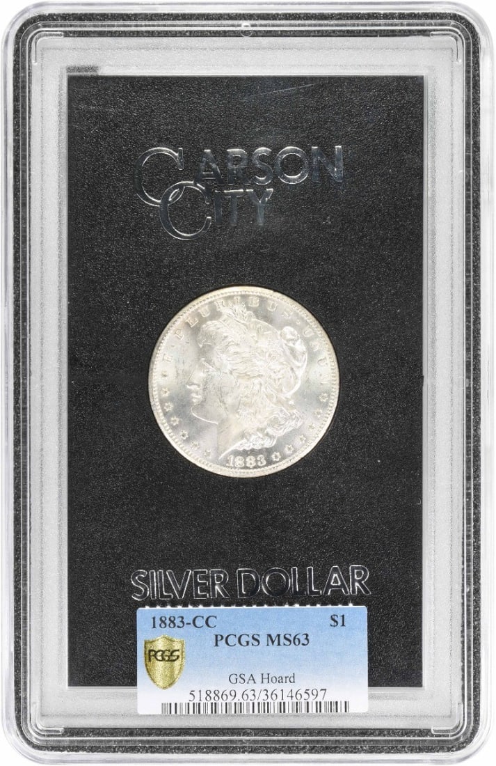PCGS MS63 1883 Carson City Morgan Dollar in GSA Holder: PCGS MS63 1883 Carson City Morgan Dollar in GSA Holder This 1883-CC Morgan Silver Dollar is graded MS63 by PCGS and comes in a GSA holder. Minted in Carson City, this uncirculated coin features a comp