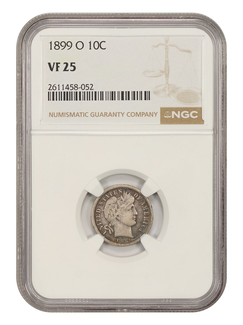 NGC VF25 1899 O Barber Dime 10C: NGC VF25 1899 O Barber Dime 10C 1899-O Barber Dime, certified by NGC as VF25. This circulated coin is a pre-owned example from the New Orleans Mint. Specifications Coin Type: Barber Dime Denomination: