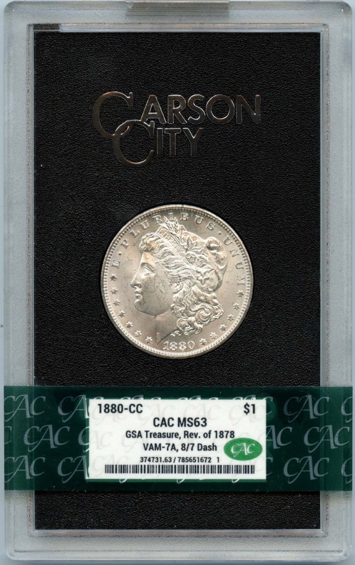 GSA Hoard 1880 Carson City Morgan Dollar CACG MS63 VAM-7A CAC: GSA Hoard 1880 Carson City Morgan Dollar CACG MS63 VAM-7A CAC This 1880-CC Morgan Dollar from the GSA Hoard features the Rev/78 VAM-7A variety and has been graded MS63 by CACG. The coin is uncirculate