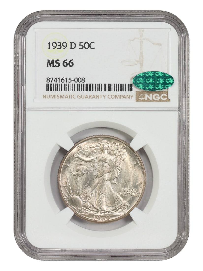 Walking Liberty Half Dollar 1939-D 50C NGC CAC MS66: Walking Liberty Half Dollar 1939-D 50C NGC CAC MS66 1939-D Walking Liberty Half Dollar certified by NGC and graded MS66, with CAC approval. This uncirculated coin is a pre-owned example of the classic