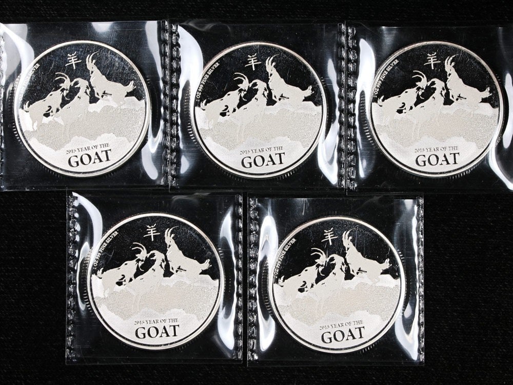 Niue 2015 Year of the Goat 5 Silver $2 Coins 1 Ounce BU (1 of 2)