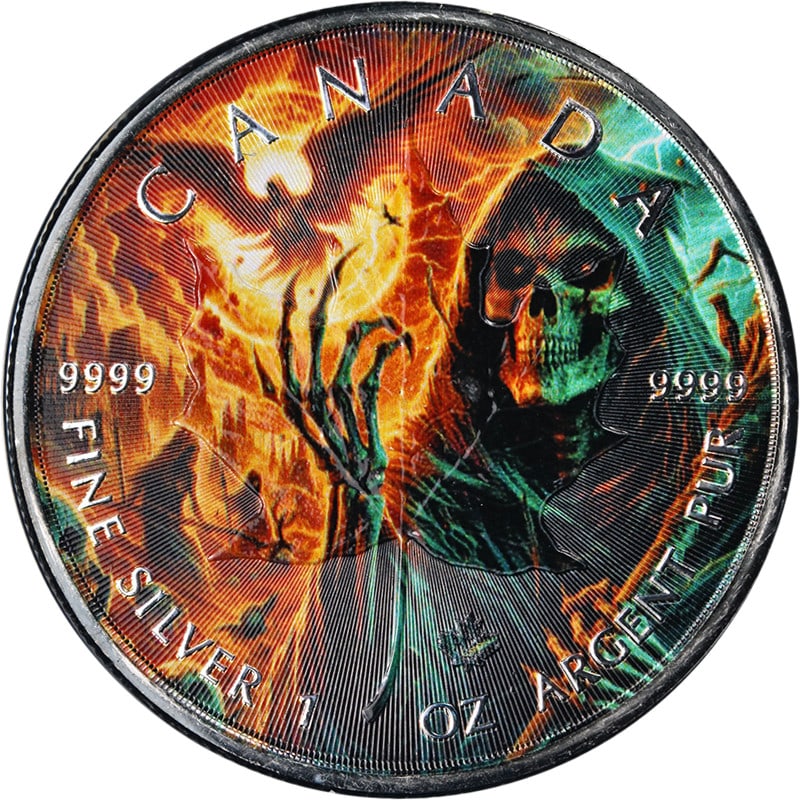2025 Maple Leaf Armageddon X Grim Reaper 1 oz Silver Coin with OGP and COA: 2025 Maple Leaf Armageddon X Grim Reaper 1 oz Silver Coin with OGP and COA This 2025 Canada 1 Ounce Silver $5 Maple Leaf Armageddon X Grim Reaper coin is uncirculated and composed of 0.999 fine silver