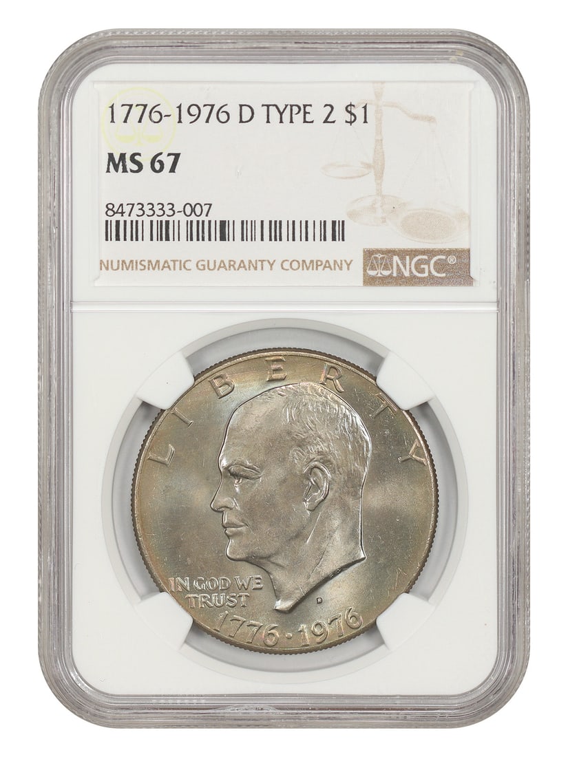 NGC MS67 1976-D Eisenhower Dollar Type 2 $1: NGC MS67 1976-D Eisenhower Dollar Type 2 $1 1976-D Ike Dollar certified by NGC as MS67, Type 2. This uncirculated $1 coin is a pre-owned example. Specifications Denomination: $1 Year: 1976 Mint Locati