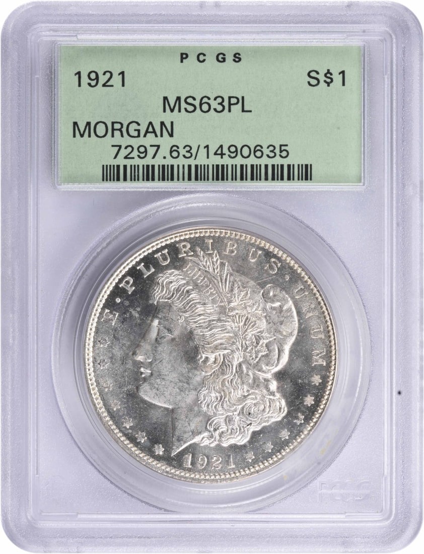 1921 Morgan Silver Dollar MS63PL Uncirculated PCGS Certified: 1921 Morgan Silver Dollar MS63PL Uncirculated PCGS Certified This stunning 1921 Morgan Silver Dollar, certified by PCGS, is in uncirculated condition, showcasing the exceptional quality of this histor