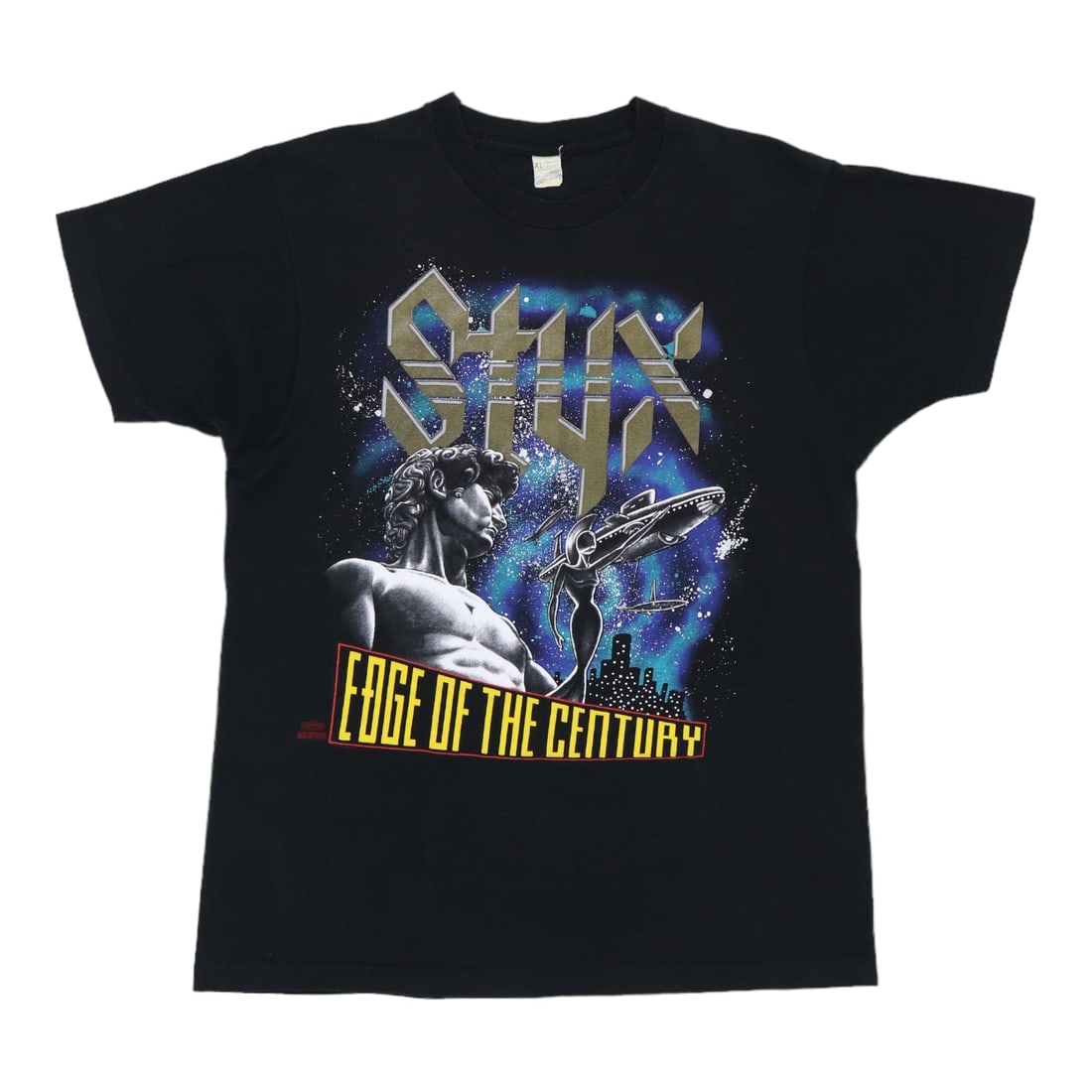 Vintage 1991 Styx Edge Of The Century Concert T-Shirt Black Cotton XL: Vintage 1991 Styx Edge Of The Century Concert T-Shirt Black Cotton XL This is an original vintage 1991 Styx Edge Of The Century Tour shirt featuring front and back graphics. Made from 100% cotton, the