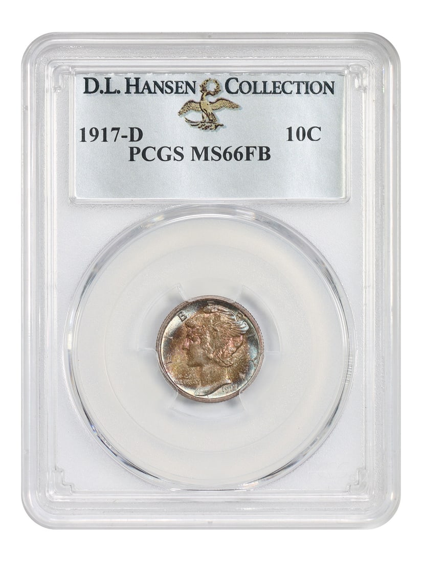 PCGS MS66FB 1917-D Mercury Dime ex D.L. Hansen: PCGS MS66FB 1917-D Mercury Dime ex D.L. Hansen 1917-D Mercury Dime certified by PCGS as MS66FB. This uncirculated example is an ex: D.L. Hansen coin and is noted as a scarce issue with Full Bands defi