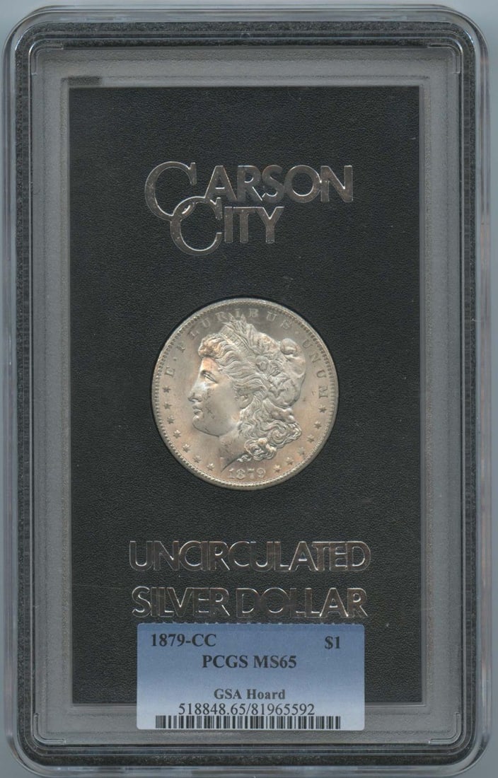 PCGS MS65 1879 Carson City Morgan Silver Dollar GSA Hoard: PCGS MS65 1879 Carson City Morgan Silver Dollar GSA Hoard This 1879-CC Morgan Dollar is part of the GSA Hoard and has been graded MS65 by PCGS. Struck at the Carson City Mint, this uncirculated coin i