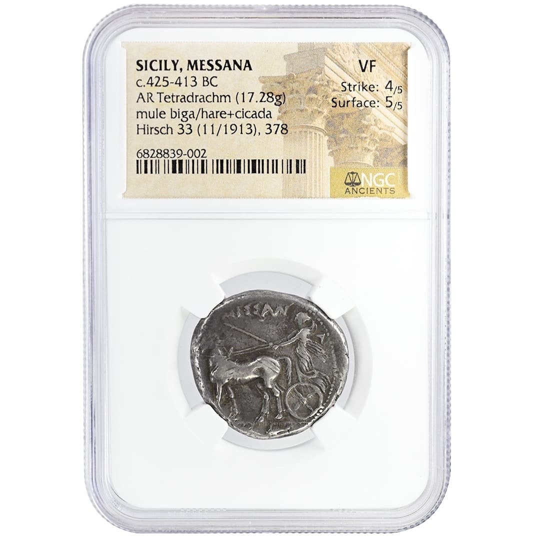Ancient Sicily Messana Silver Tetradrachm 425 to 413 BC NGC VF: Ancient Sicily Messana Silver Tetradrachm 425 to 413 BC NGC VF Ancient Sicily Messana tetradrachm dated 425 to 413 BC. This silver coin is identified as the Mule Car Type and is graded VF by NGC. A pr