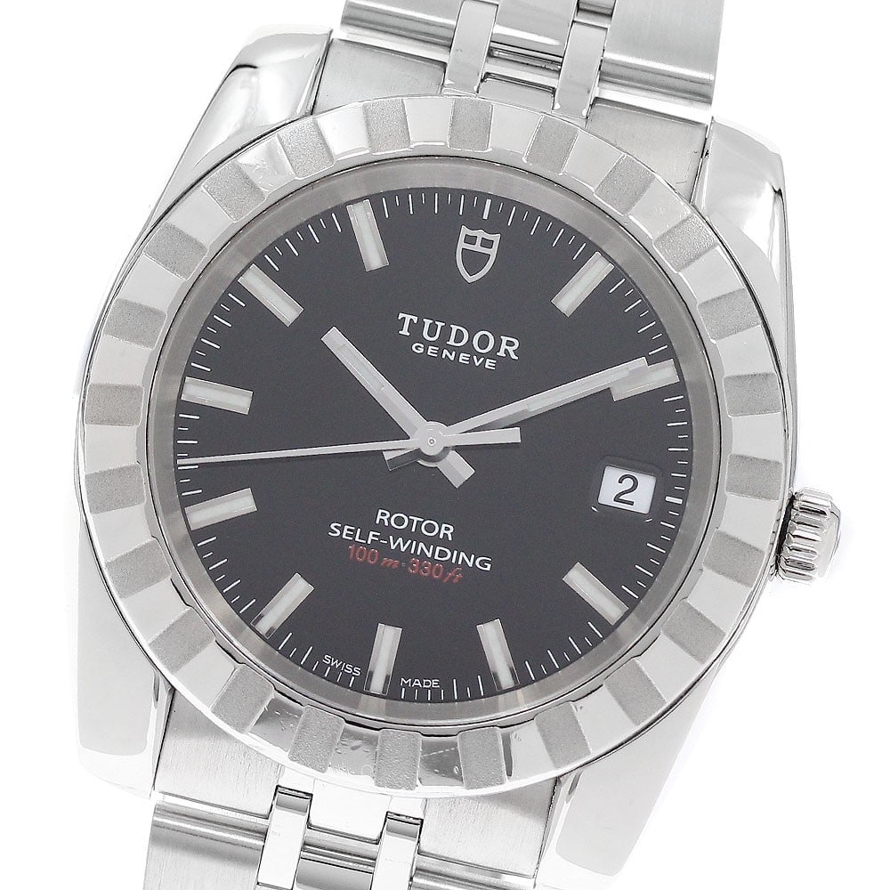 TUDOR Classic 21010 automatic mens stainless steel date watch: TUDOR Classic 21010 automatic mens stainless steel date watch TUDOR Classic Date automatic men's wristwatch, reference 21010, made in Switzerland. It features a stainless steel case and bracelet, a bl