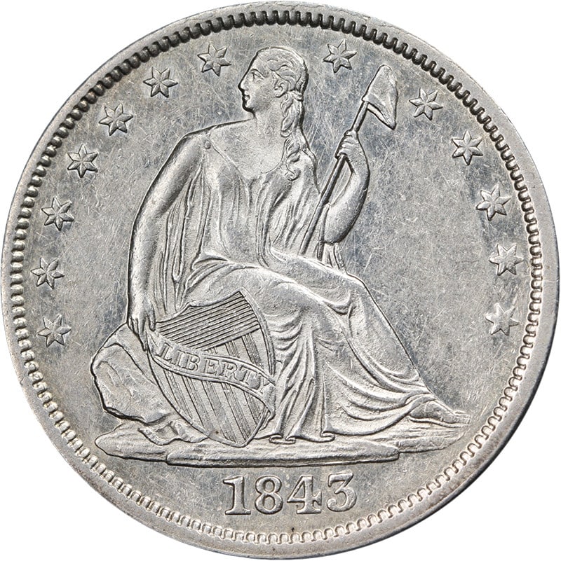 1843 O Liberty Seated Half Dollar Silver Choice AU BU: 1843 O Liberty Seated Half Dollar Silver Choice AU BU 1843-O Seated Half Dollar with Choice AU/BU grade and strong visual appeal. This pre-owned coin is circulated and features fantastic luster, a str