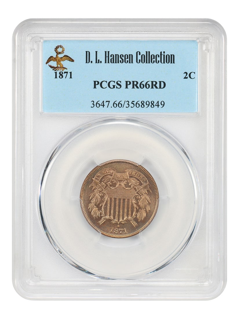 1871 Two Cent Proof PCGS PR66RD Ex D.L. Hansen Fully Red: 1871 Two Cent Proof PCGS PR66RD Ex D.L. Hansen Fully Red 1871 Two Cent proof coin graded PCGS PR66RD, ex: D.L. Hansen. This Philadelphia issue has a low proof mintage of just 960 coins struck, with ve