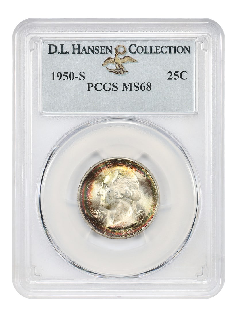 PCGS MS68 1950-S Washington Quarter ex D.L. Hansen 25C: PCGS MS68 1950-S Washington Quarter ex D.L. Hansen 25C 1950-S Washington Quarter certified by PCGS as MS68, ex D.L. Hansen. This uncirculated example is tied for finest known at PCGS with just six oth