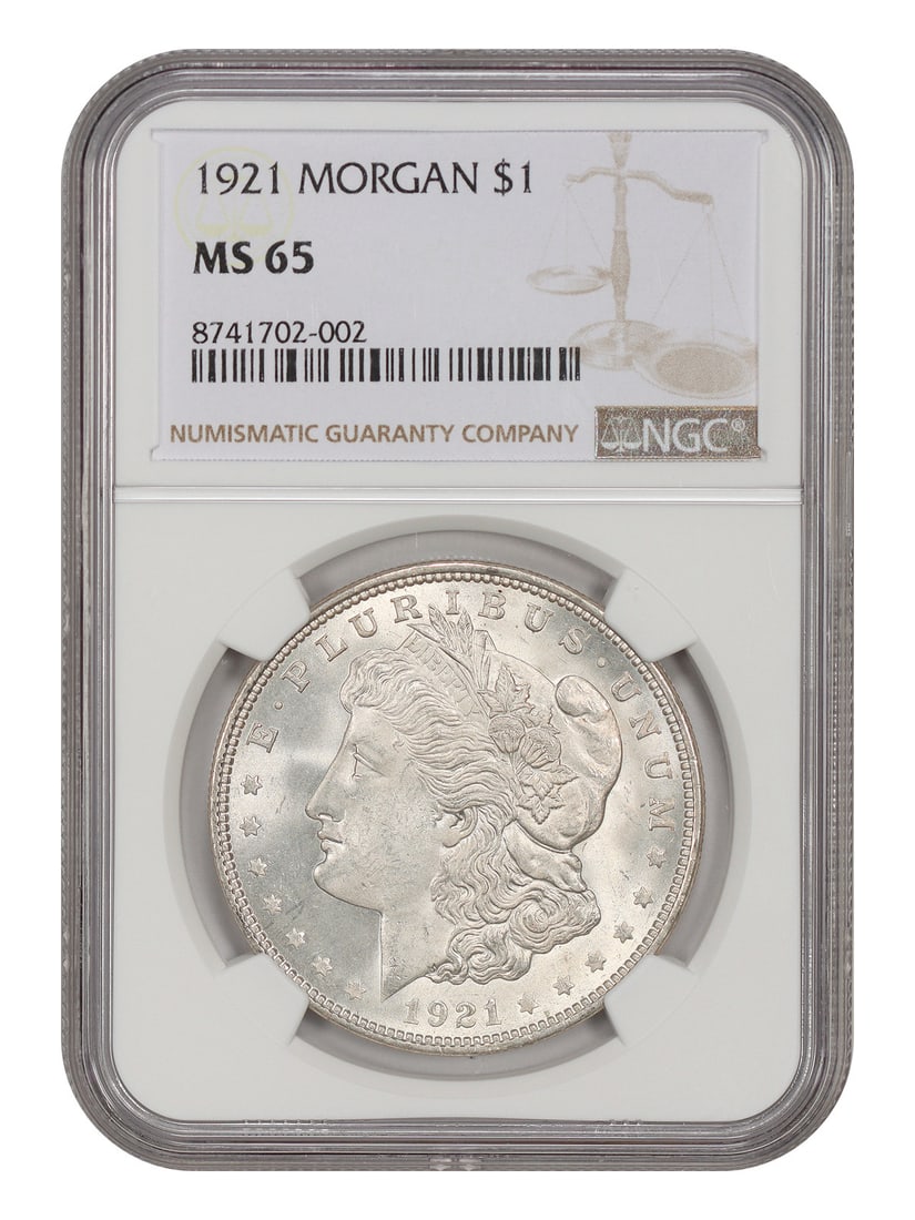 NGC MS65 1921 Morgan Dollar $1 Philadelphia Mint: NGC MS65 1921 Morgan Dollar $1 Philadelphia Mint 1921 Morgan Dollar $1, graded MS65 by NGC, from the final year of issue. This uncirculated Philadelphia Mint coin is identified as the final Philadelph