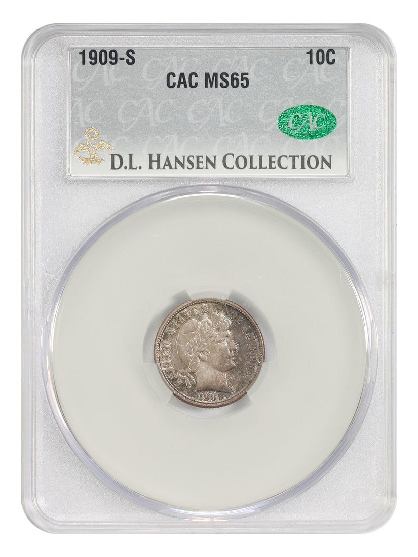 Barber Dime 1909-S CACG MS65 San Francisco Mint 10C: Barber Dime 1909-S CACG MS65 San Francisco Mint 10C 1909-S Barber Dime certified MS65 by CACG. This uncirculated example is described with subtle pastel tones and a ghost-like gray color, with no nota