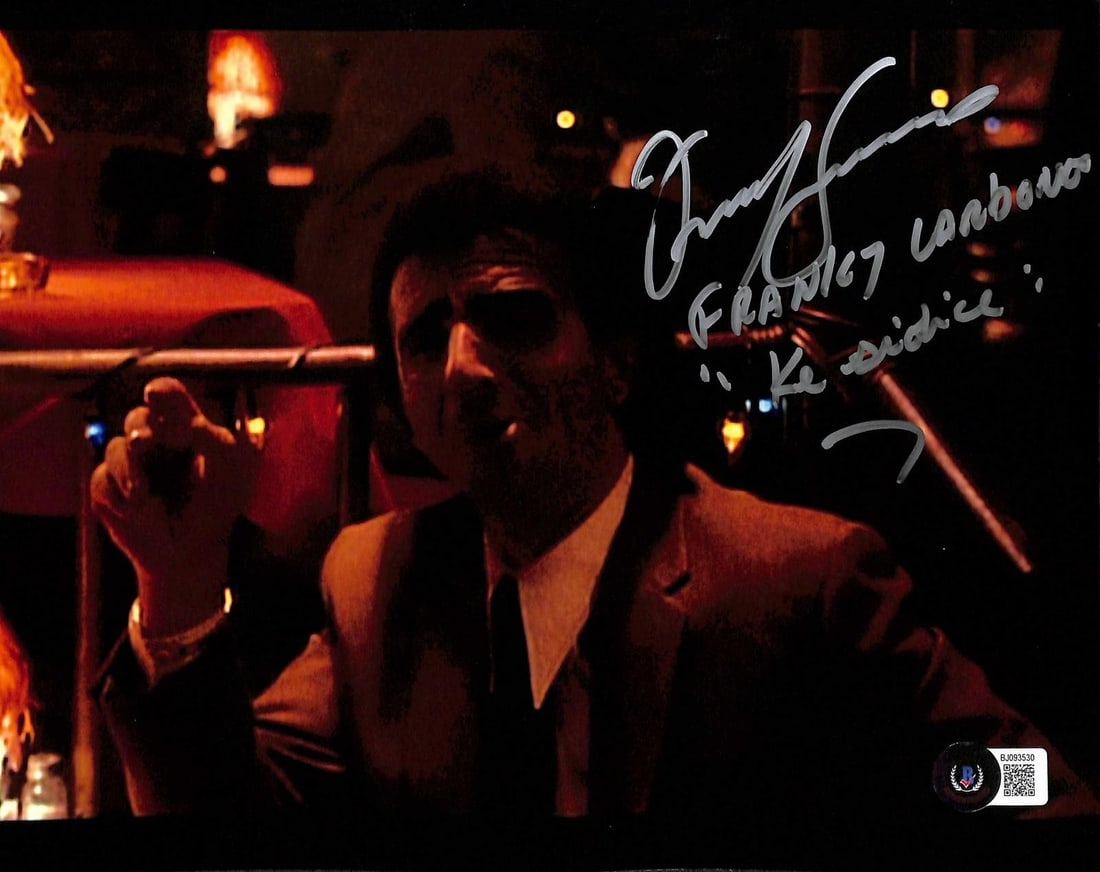 Beckett Authenticated Frank Sivero Goodfellas 8x10 Photo Franky Carbone Inscription: Beckett Authenticated Frank Sivero Goodfellas 8x10 Photo Franky Carbone Inscription This 8x10 color photograph is personally hand-signed by Frank Sivero, renowned for his role as Franky Carbone in the