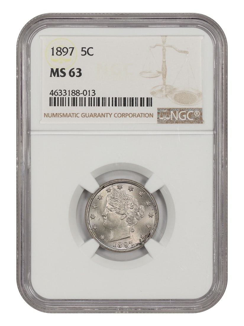 NGC MS63 1897 Liberty Nickel 5C Philadelphia: NGC MS63 1897 Liberty Nickel 5C Philadelphia 1897 Liberty Nickel certified by NGC in MS63 grade. This pre-owned coin is an uncirculated 5C issue struck in Philadelphia. Specifications Denomination: 5C