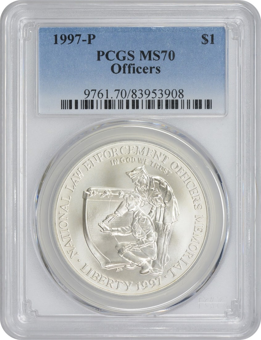 PCGS MS70 1997-P Silver Commemorative Dollar Officers: PCGS MS70 1997-P Silver Commemorative Dollar Officers 1997-P Officers Dollar commemorative coin graded MS70 by PCGS. This uncirculated United States silver dollar is a pre-owned commemorative issue. S