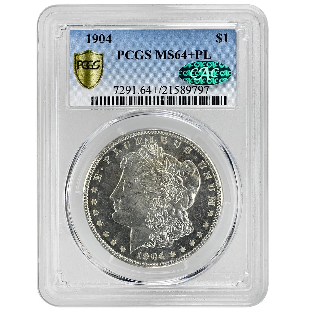 PCGS CAC 1904 Morgan Dollar MS64+ PL Silver: PCGS CAC 1904 Morgan Dollar MS64+ PL Silver This 1904 Morgan Dollar is a rare collectible coin graded MS64+ Proof-Like by PCGS and verified by CAC. Struck in silver at the Philadelphia Mint, it is an 