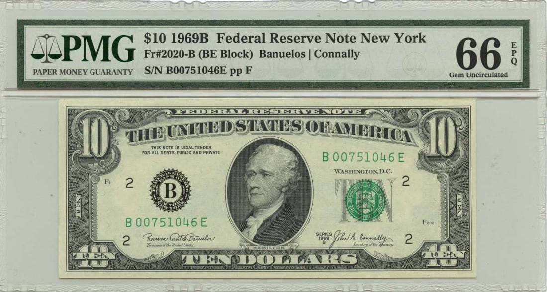 1969B $10 Federal Reserve Note New York PMG Gem 66 EPQ: 1969B $10 Federal Reserve Note New York PMG Gem 66 EPQ This 1969B $10 Federal Reserve Note from the New York district is graded PMG Gem 66 EPQ, indicating its exceptional quality. As an uncirculated n