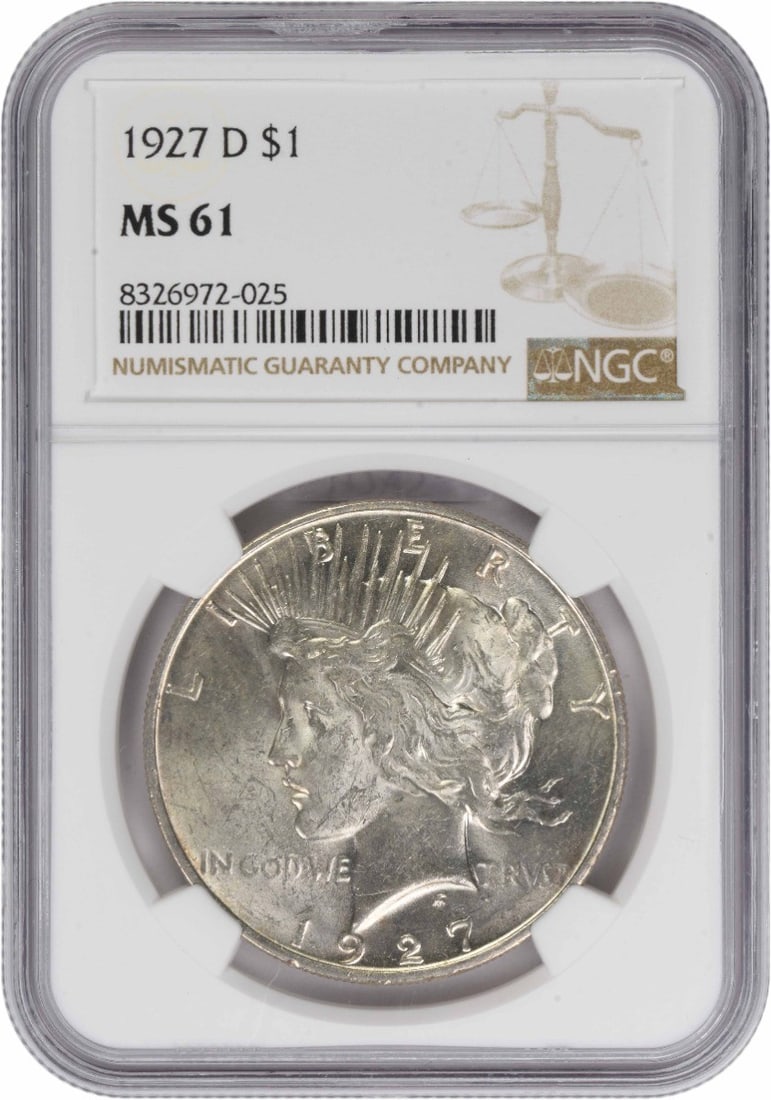 NGC MS61 1927 D Peace Dollar Silver $1 Coin: NGC MS61 1927 D Peace Dollar Silver $1 Coin 1927-D Peace Silver Dollar graded MS61 by NGC. This uncirculated United States $1 coin features the Peace design by Anthony de Francisci and is struck in 90