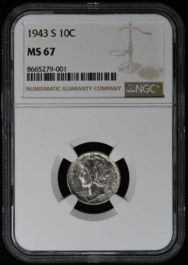NGC MS67 1943 San Francisco Mercury Dime 10 Cent Coin: NGC MS67 1943 San Francisco Mercury Dime 10 Cent Coin This 1943-S Mercury Dime is certified by NGC with a grade of MS67, indicating an uncirculated coin in exceptional condition. Minted in San Francis