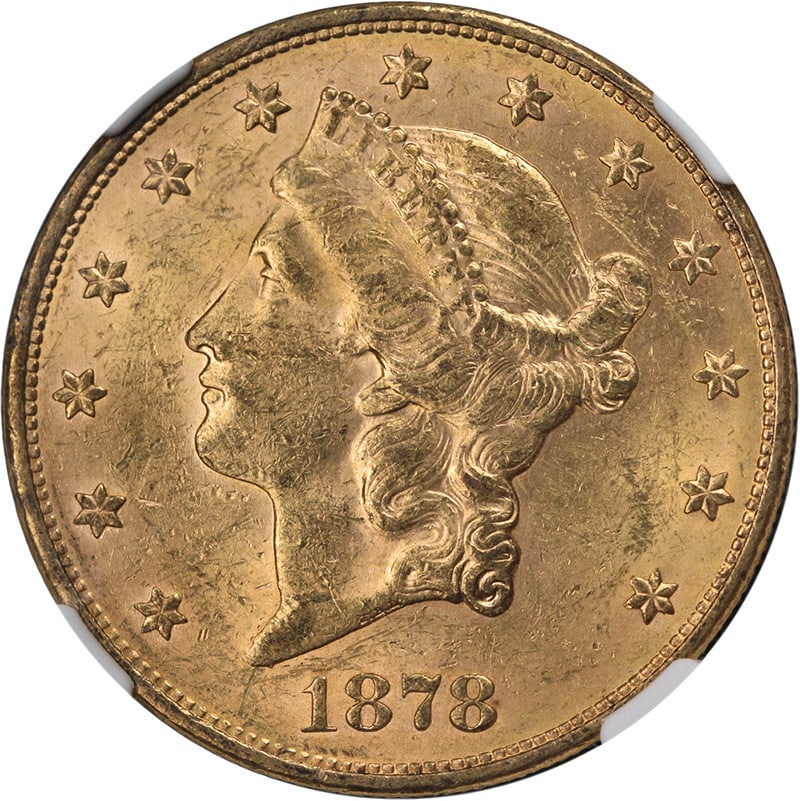 NGC MS61 1878-S $20 Liberty Gold Double Eagle Uncirculated Coin: NGC MS61 1878-S $20 Liberty Gold Double Eagle Uncirculated Coin This 1878-S Liberty Gold $20 coin is certified by NGC with a grade of MS61, indicating an uncirculated condition. The coin features attr