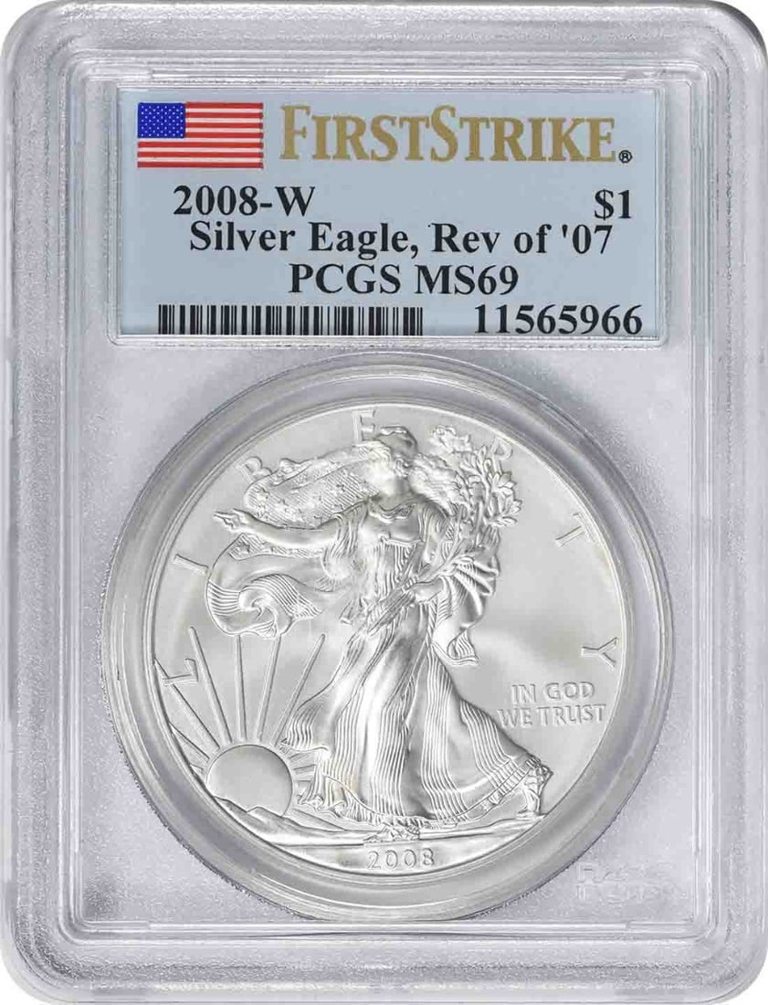 PCGS MS69 First Strike 2008-W Burnished Silver Eagle Reverse of 2007: PCGS MS69 First Strike 2008-W Burnished Silver Eagle Reverse of 2007 This 2008-W $1 American Silver Eagle features the Burnished Reverse of 2007 and is certified MS69 First Strike by PCGS. The coin is
