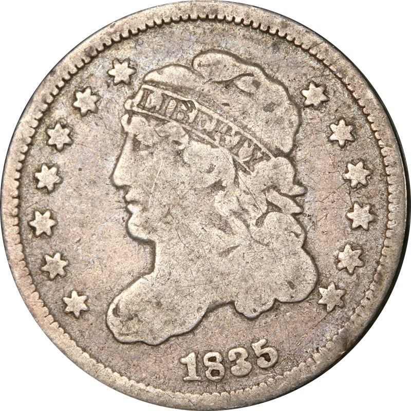 1835 Bust Half Dime Silver Coin Circulated Collectible: 1835 Bust Half Dime Silver Coin Circulated Collectible This 1835 Bust Half Dime is a classic piece of numismatic history. Featuring a composition of silver with a fineness of 0.9, this coin showcases 