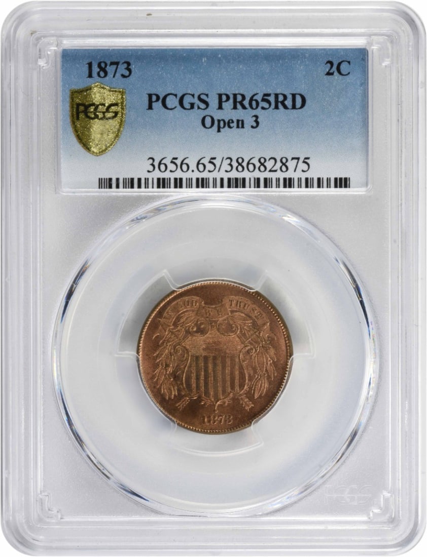 PCGS PR65RD 1873 Open 3 Two Cent Proof Coin: PCGS PR65RD 1873 Open 3 Two Cent Proof Coin 1873 United States Two Cent Piece with Open 3 date variety. This proof issue is graded PR65RD by PCGS and is offered as a pre-owned coin. Specifications Ite