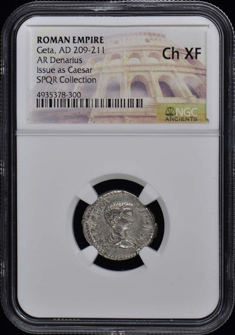 Geta AD 209-211 Ancient Roman AR Denarius NGC XF45 Certified Coin: Geta AD 209-211 Ancient Roman AR Denarius NGC XF45 Certified Coin This ancient Roman denarius, dating from the period of AD 209-211, features a certification from NGC with a grade of XF45, indicating 