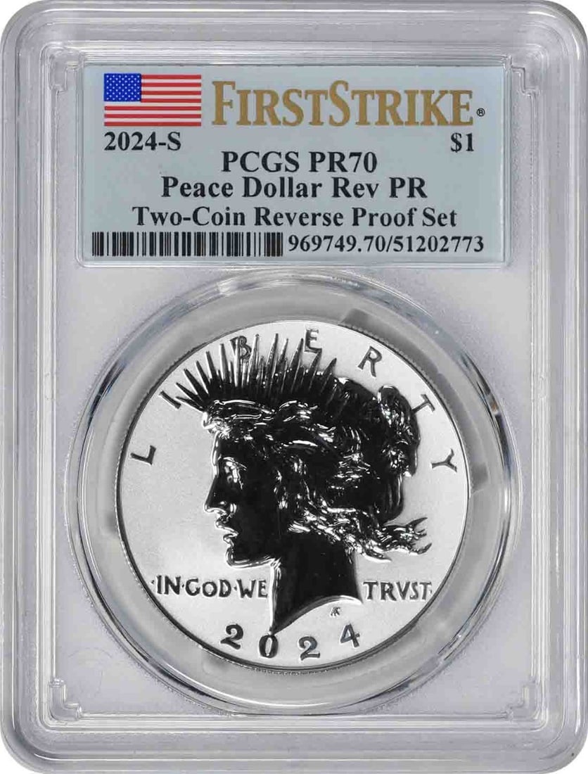 PCGS PR70 FS 2024-S Peace Silver Dollar Reverse Proof: PCGS PR70 FS 2024-S Peace Silver Dollar Reverse Proof 2024-S Peace Silver Dollar from the Two-Coin Reverse Proof Set, graded PR70 FS by PCGS. This uncirculated proof coin is a pre-owned example struck