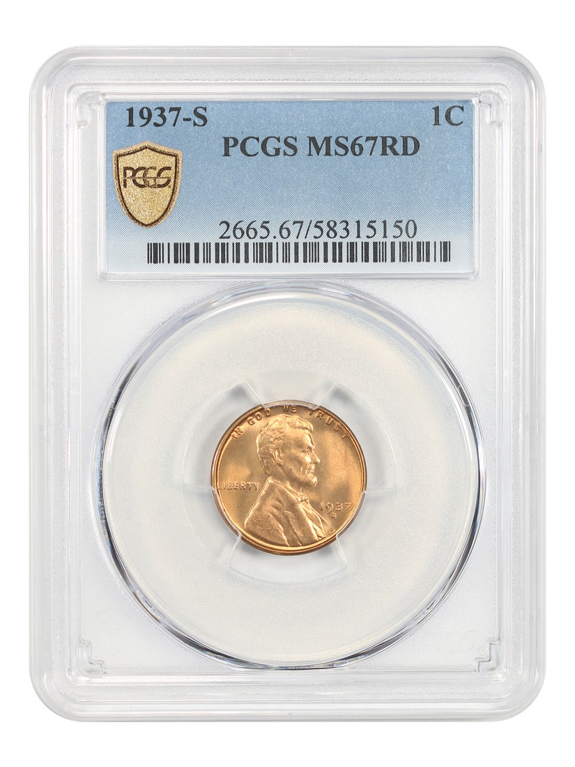 PCGS MS67RD 1937-S Lincoln Wheat Cent 1C RD: PCGS MS67RD 1937-S Lincoln Wheat Cent 1C RD 1937-S Lincoln Cent with Wheat Reverse, graded PCGS MS67RD. This uncirculated 1C coin was minted in San Francisco and is certified by PCGS with certificatio