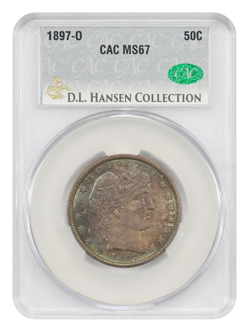 Barber Half Dollar 1897-O 50C MS67 CACG: Barber Half Dollar 1897-O 50C MS67 CACG 1897-O Barber Half Dollar certified CACG MS67. This uncirculated coin comes from a mintage of just 632,000 coins. The original description notes that while two 