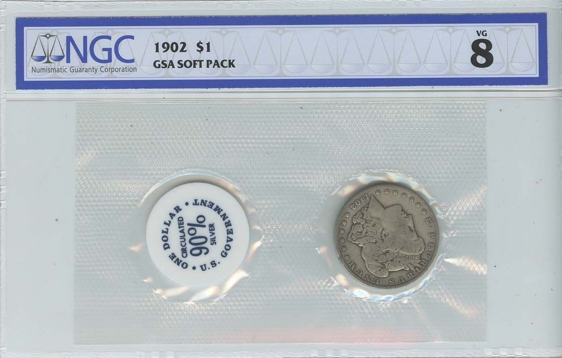 NGC VG8 1902 Morgan Dollar Soft Pack GSA Philadelphia Mint: NGC VG8 1902 Morgan Dollar Soft Pack GSA Philadelphia Mint This is a 1902 Morgan Dollar presented in a GSA soft pack. The coin has been certified by NGC with a grade of VG8, indicating it is in very g
