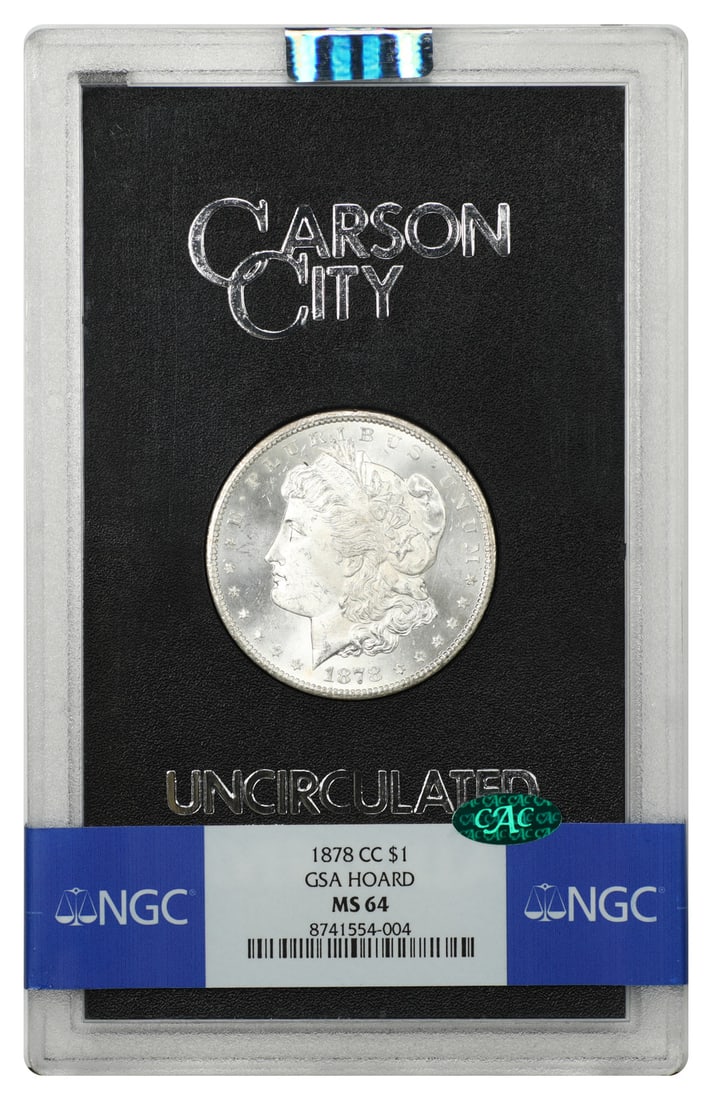 1878 Carson City Morgan Dollar $1 NGC MS64 CAC GSA: 1878 Carson City Morgan Dollar $1 NGC MS64 CAC GSA 1878 Carson City Morgan Dollar from the GSA hoard, housed in the original hard case and graded NGC MS64 with CAC approval. This uncirculated example 