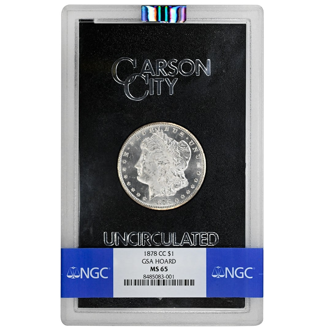 NGC MS65 Carson City Morgan Dollar 1878-CC GSA Hoard: NGC MS65 Carson City Morgan Dollar 1878-CC GSA Hoard This 1878-CC Morgan Dollar is a rare coin from the GSA Hoard, minted in Carson City. It is composed of silver and has been certified by NGC with a 