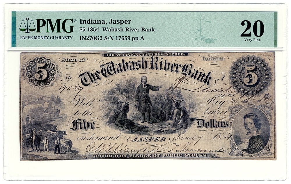 1854 Jasper IN Wabash River $5 Obsolete Bank Note PMG VF20: 1854 Jasper IN Wabash River $5 Obsolete Bank Note PMG VF20 An 1854 obsolete bank note from Jasper, Indiana, issued by the Wabash River Bank in the five dollar denomination. This circulated example is 