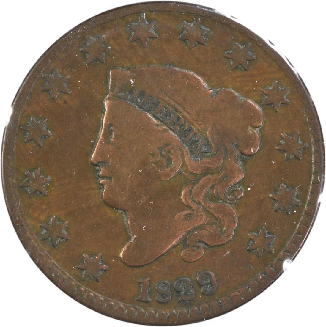 1829 Coronet Head Large Cent Copper Coin Medium Letter N-5 Variety: 1829 Coronet Head Large Cent Copper Coin Medium Letter N-5 Variety This 1829 Large Cent features the Coronet Head design by Robert Scot, minted in Philadelphia. Made of copper, this circulated coin is