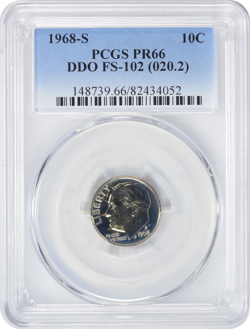 1968-S Roosevelt Dime DDO PR66 PCGS Proof Coin: 1968-S Roosevelt Dime DDO PR66 PCGS Proof Coin This 1968-S Roosevelt Dime is a stunning example of numismatic craftsmanship, certified by PCGS with a grade of PR66. It features a proof strike and is c