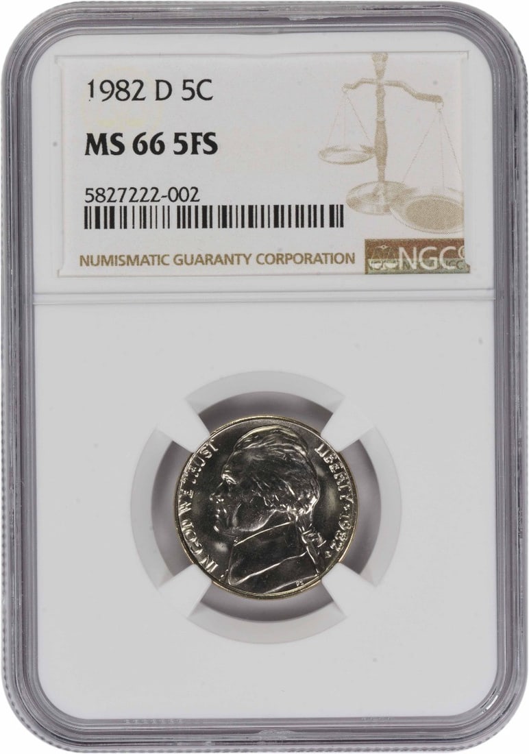 MS66 1982 Denver Jefferson Nickel Five Full Steps NGC Graded: MS66 1982 Denver Jefferson Nickel Five Full Steps NGC Graded This is a 1982-D Jefferson Nickel graded MS66 5FS by NGC. The coin is uncirculated and was minted in Denver. It features the design by Feli