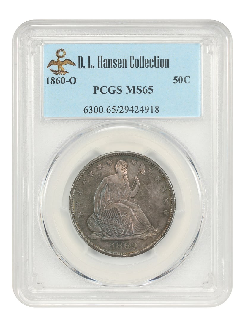 PCGS MS65 1860 O Liberty Seated Half Dollar ex D.L. Hansen: PCGS MS65 1860 O Liberty Seated Half Dollar ex D.L. Hansen 1860-O Liberty Seated Half Dollar certified by PCGS and graded MS65, from the D.L. Hansen collection. This uncirculated example is described 