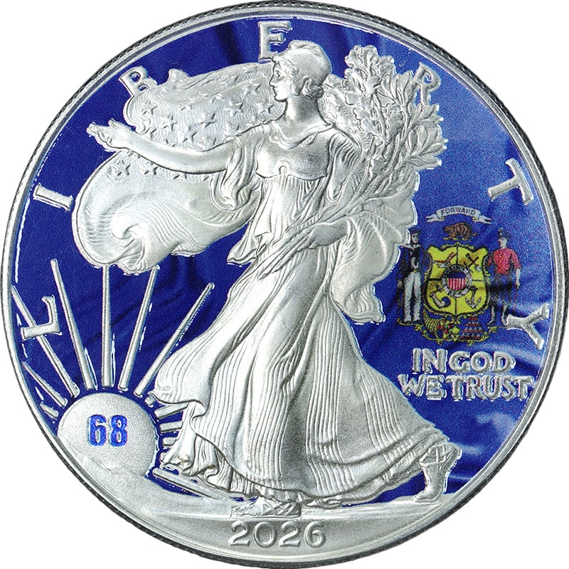 2026 Wisconsin Colorized Silver American Eagle Dollar 068 of 199 with COA (1 of 3)