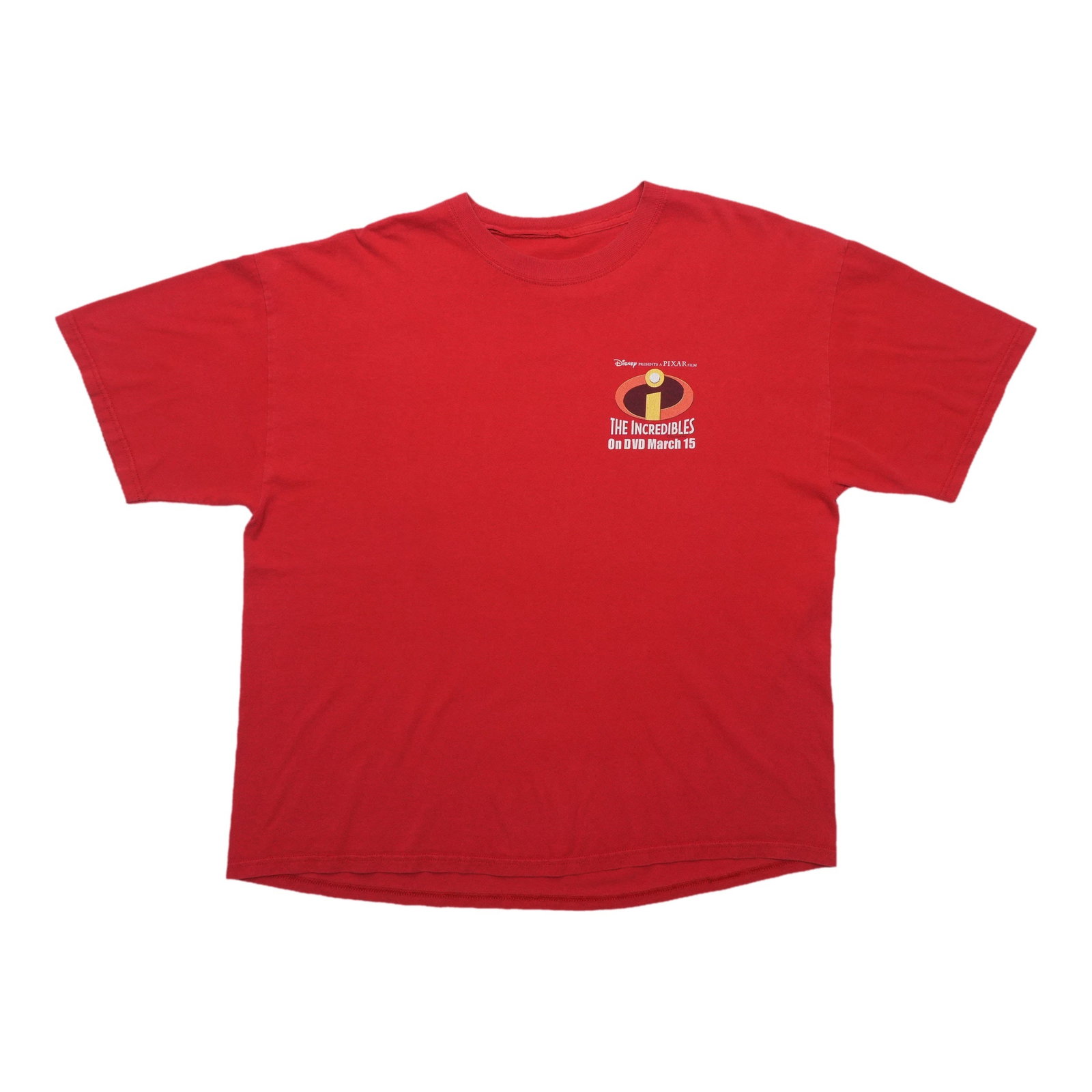 Red 2005 Incredibles promo T shirt 100% cotton: Red 2005 Incredibles promo T shirt 100% cotton This is an original vintage 2005 The Incredibles DVD promotional shirt. It is a genuine piece from the 2000s, not a modern reproduction. The shirt is mad