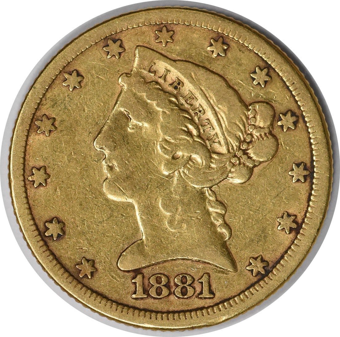 1881 $5 Liberty Head Gold Coin Uncertified VF: 1881 $5 Liberty Head Gold Coin Uncertified VF This 1881/0 $5 Gold Liberty Head coin is a circulated pre-1933 U.S. gold piece. Graded as VF (Very Fine), it is composed of gold and bears no mint mark. T