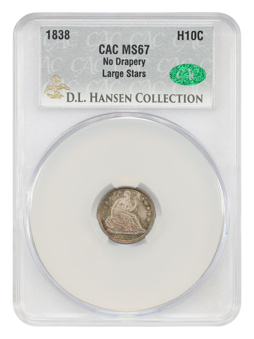 1838 Liberty Seated Half Dime MS67 CACG Eliasberg D.L. Hansen: 1838 Liberty Seated Half Dime MS67 CACG Eliasberg D.L. Hansen 1838 Liberty Seated Half Dime, No Drapery, Large Stars, certified MS67 by CACG. This uncirculated example represents a short-lived type st