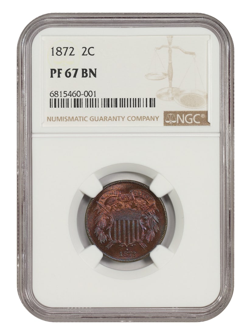 NGC PR67BN 1872 Two Cent Proof Brown Coin: NGC PR67BN 1872 Two Cent Proof Brown Coin Important 1872 Two Cent proof coin certified by NGC. This uncirculated PR67BN example has a low mintage of 950, though still higher than its business strike c