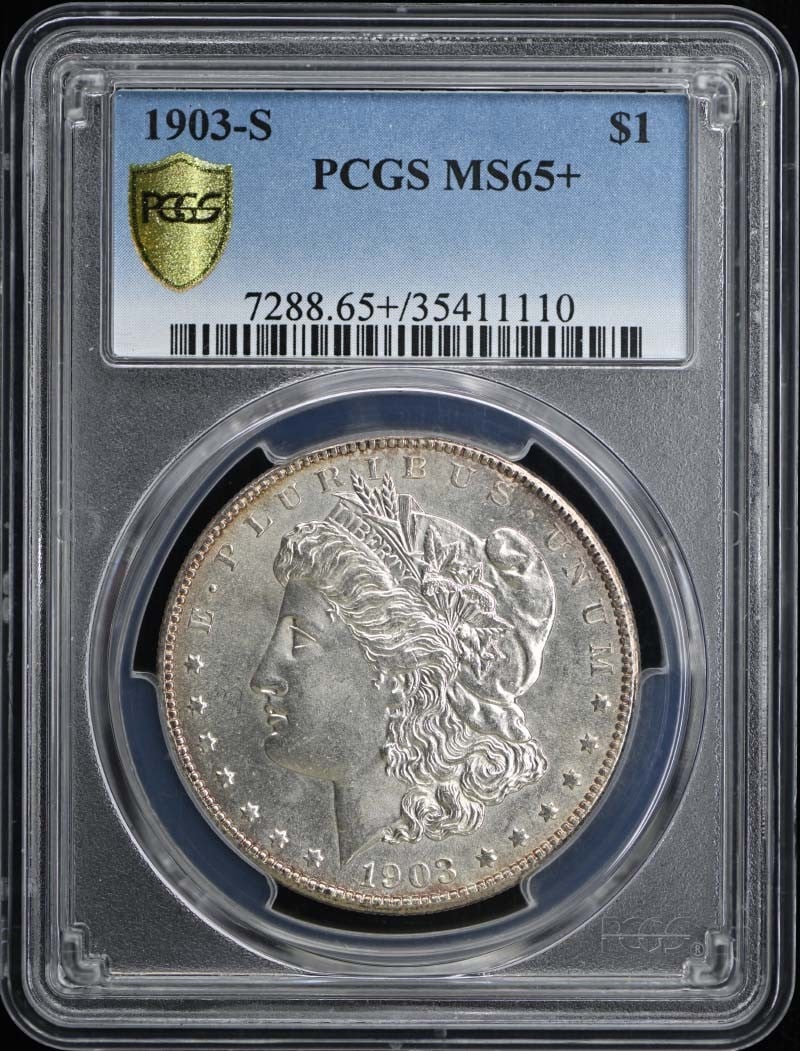 PCGS MS65+ 1903-S Morgan Silver Dollar $1: PCGS MS65+ 1903-S Morgan Silver Dollar $1 1903 Morgan Dollar certified by PCGS and graded MS65+. This uncirculated United States silver dollar is a pre-owned coin from the San Francisco Mint. Specific