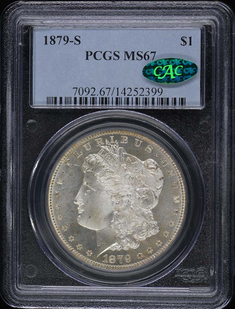 1879-S Morgan Dollar PCGS MS67 CAC Certified Uncirculated: 1879-S Morgan Dollar PCGS MS67 CAC Certified Uncirculated This 1879-S Morgan Dollar is an exceptional piece, certified by PCGS with a grade of MS67, indicating its pristine uncirculated condition. Min